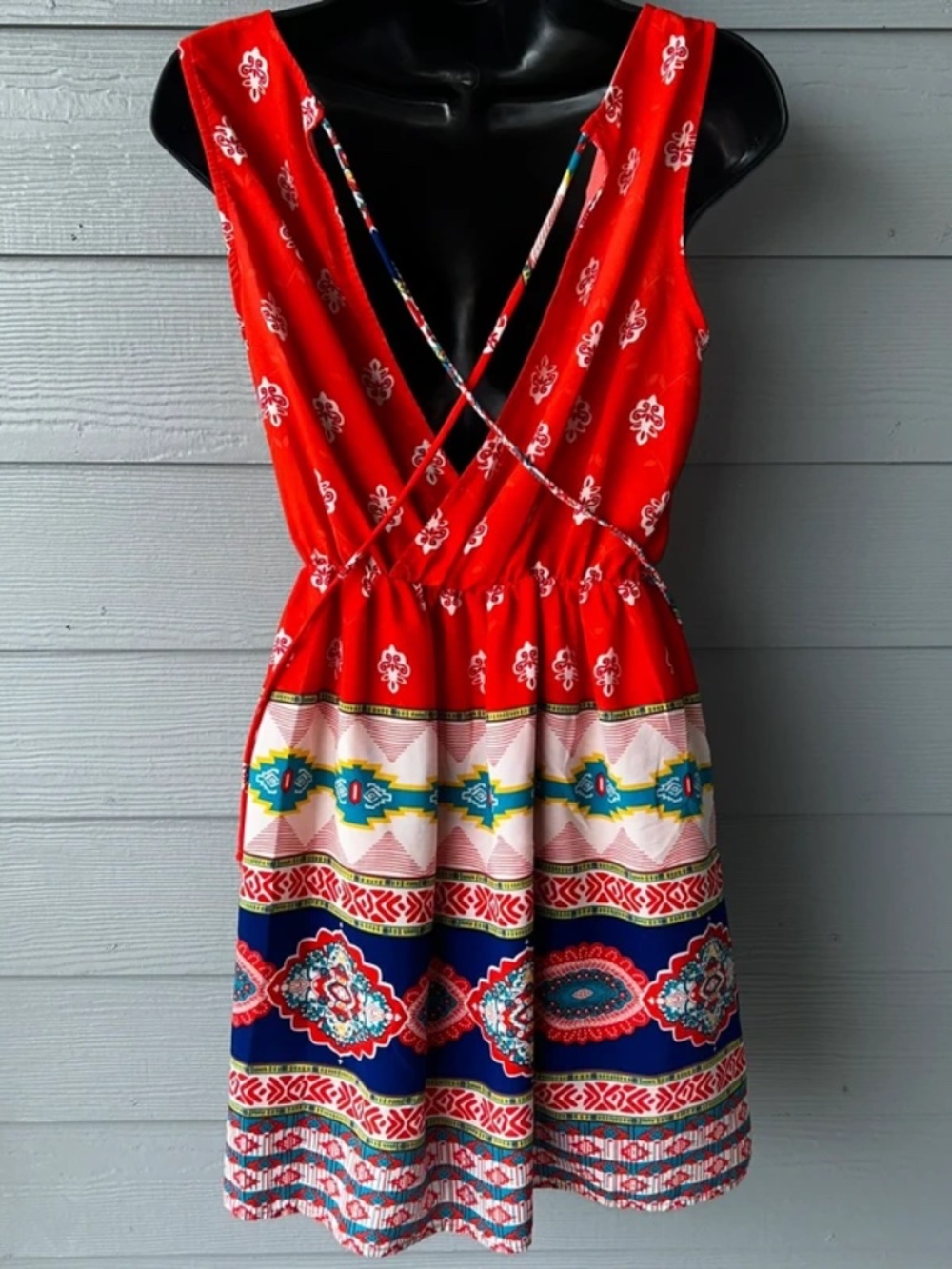 Pink Owl Sleeveless Elastic Waist Multicolor Aztec Boho Fun Short Dress Sz. S - Picture 4 of 6
